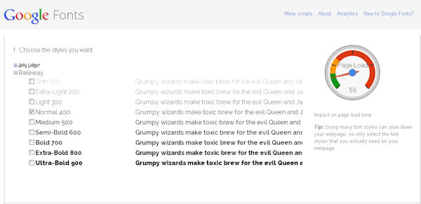 Selecting Google font styles from your collection